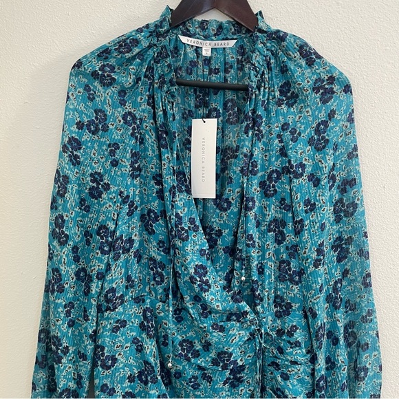 NEW Veronica Beard Becky Silk Turquoise Floral Ruching Skirt Dress Size 6 - Picture 8 of 14